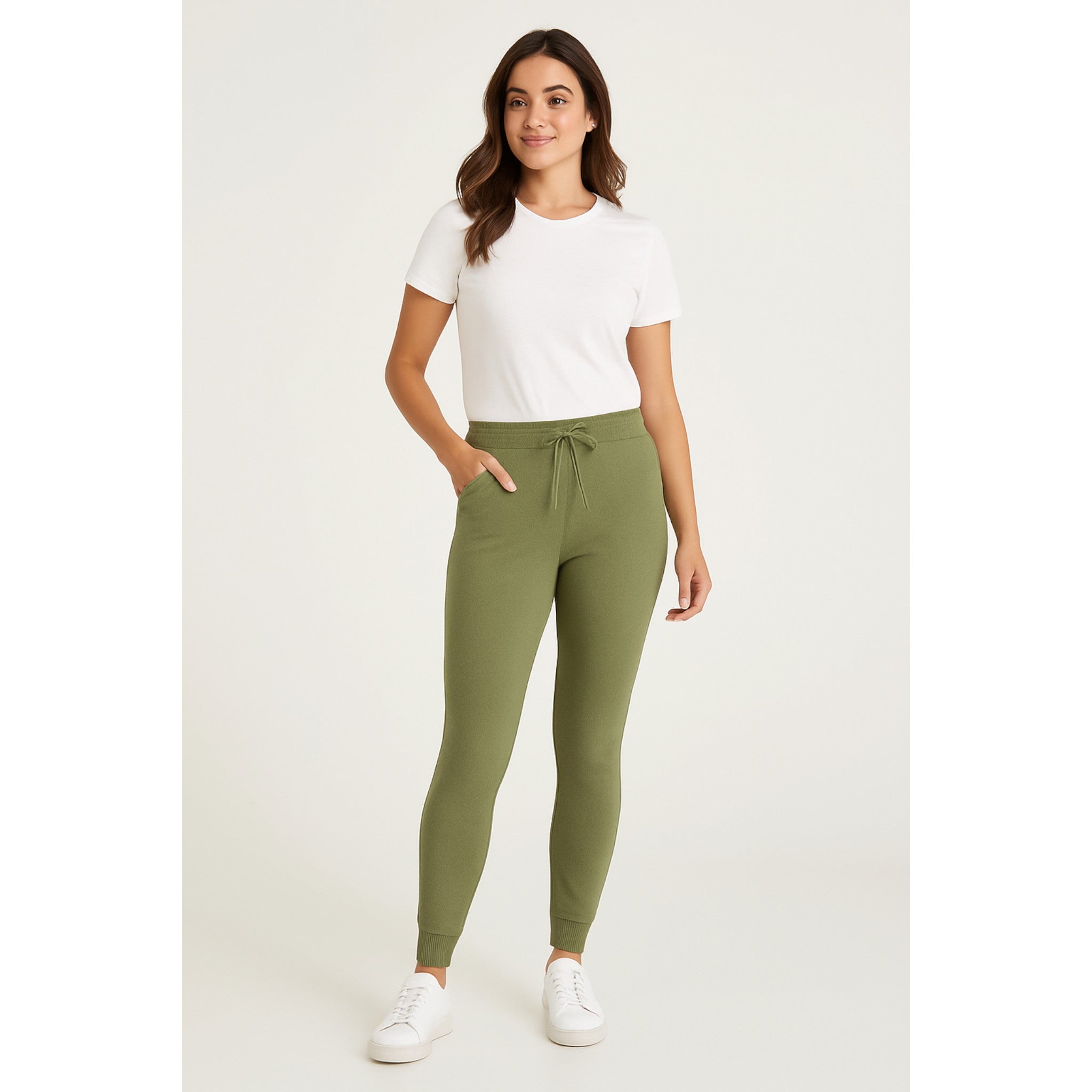 Ladies sage green soft touch joggers with drawstring waist and cuffed ankles stylish loungewear trousers